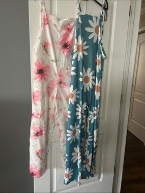 Two Floral Print Satin Jumpsuit & Daisy Tank Romper Set - Pink & Teal
